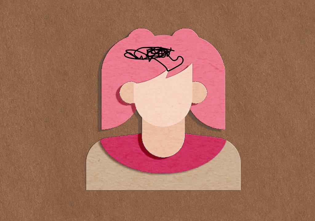 Um representação bidimensional de uma mulher de cabelos e roupas cor de rosa. Há um rabisco na parte superior de sua cabeça.