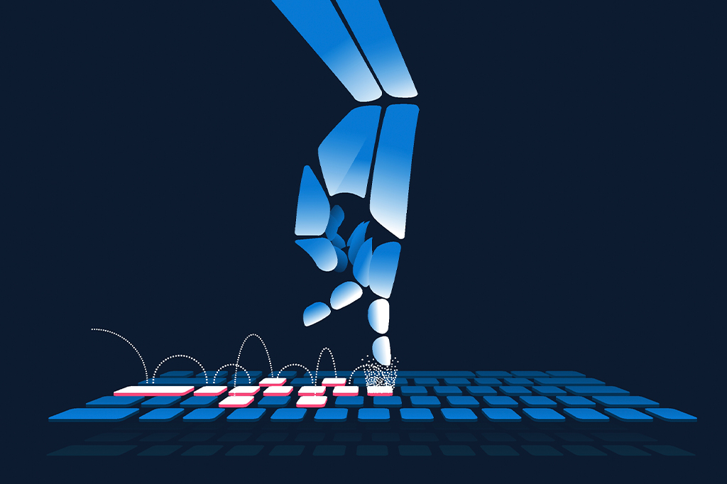 Ilustração de mão robótica jogando amarelinha em uma ilustração vetorial de teclado.