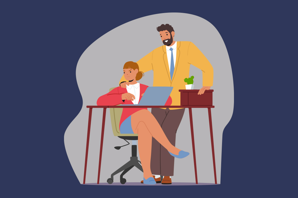 Ilustração de uma mulher sendo assédia em seu local de trabalho.
