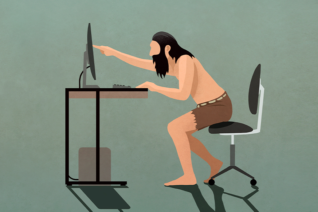 Ilustração de um homem das cavernas tocando a tela do computador.