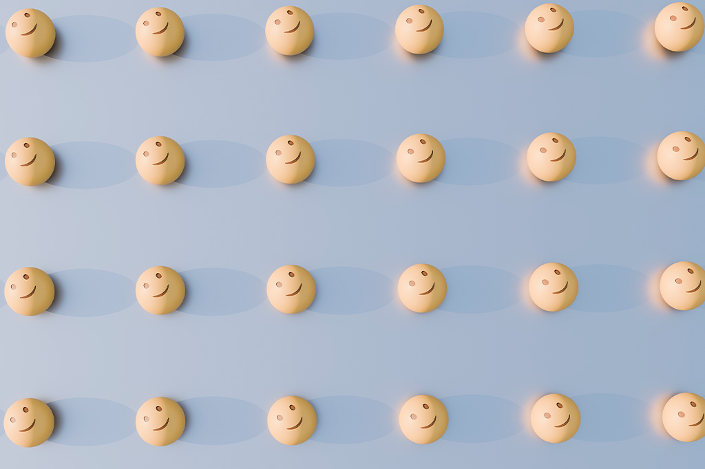Ilustração de renderização 3D de padrões de emojis felizes em fileiras sobre um fundo azul