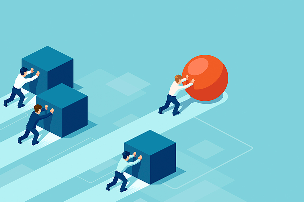Ilustração de uma pessoa empurrando uma esfera, liderando a corrida contra um grupo de pessoas empurrando caixas.