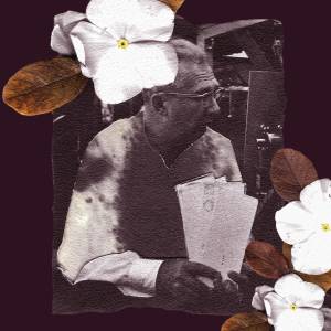 Colagem feita com recortes de um homem segurando documentos, usando óculos, folhas secas, flores brancas.