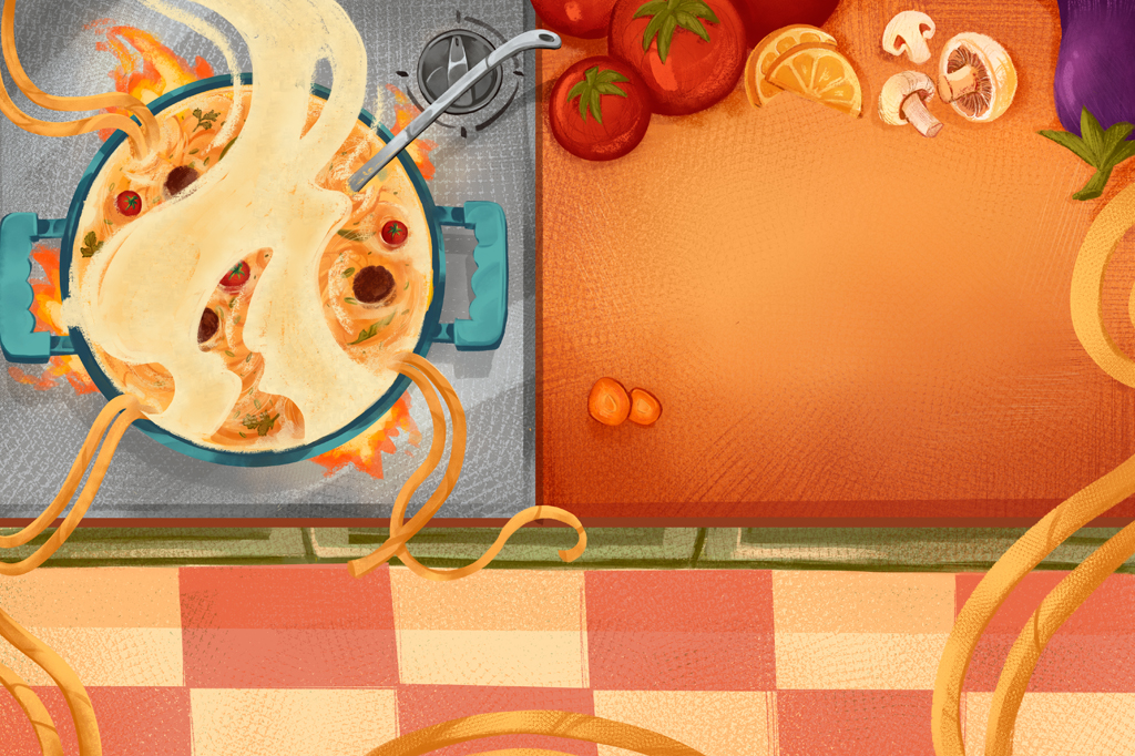 Ilustração, vista de cima, de um fogão com uma panela borbulhante cozinhando macarrão. A direita, uma bancada com alguns tomates, cogumelos e berinjela. Mais abaixo, vê-se o piso quadriculado da cozinha.
