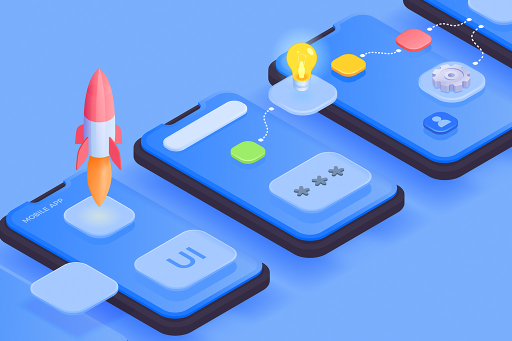 Renderização 3D de telas de celulares com ícones na superfície