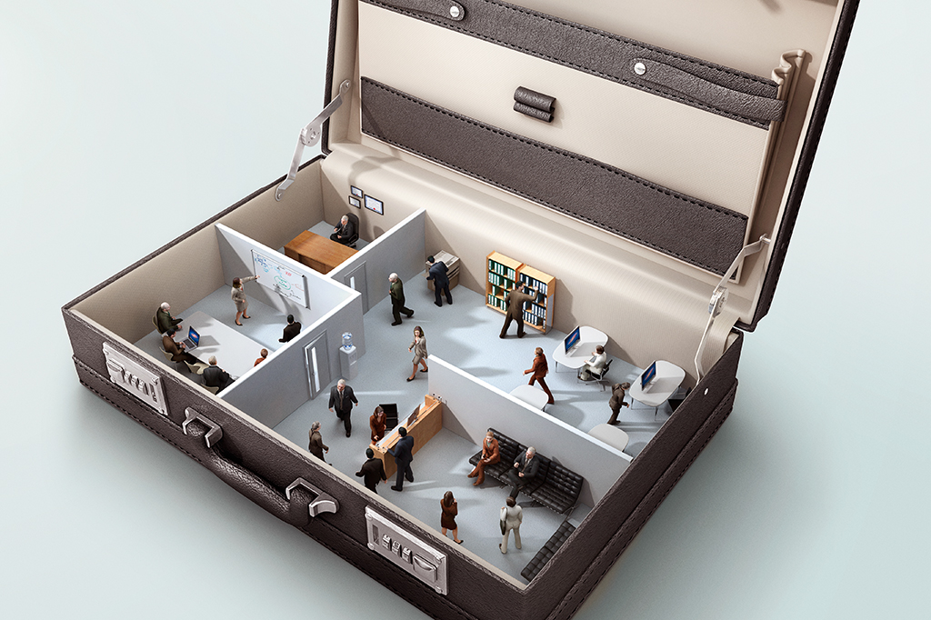 Renderização 3D de um escritório no interior de uma mala de trabalho.