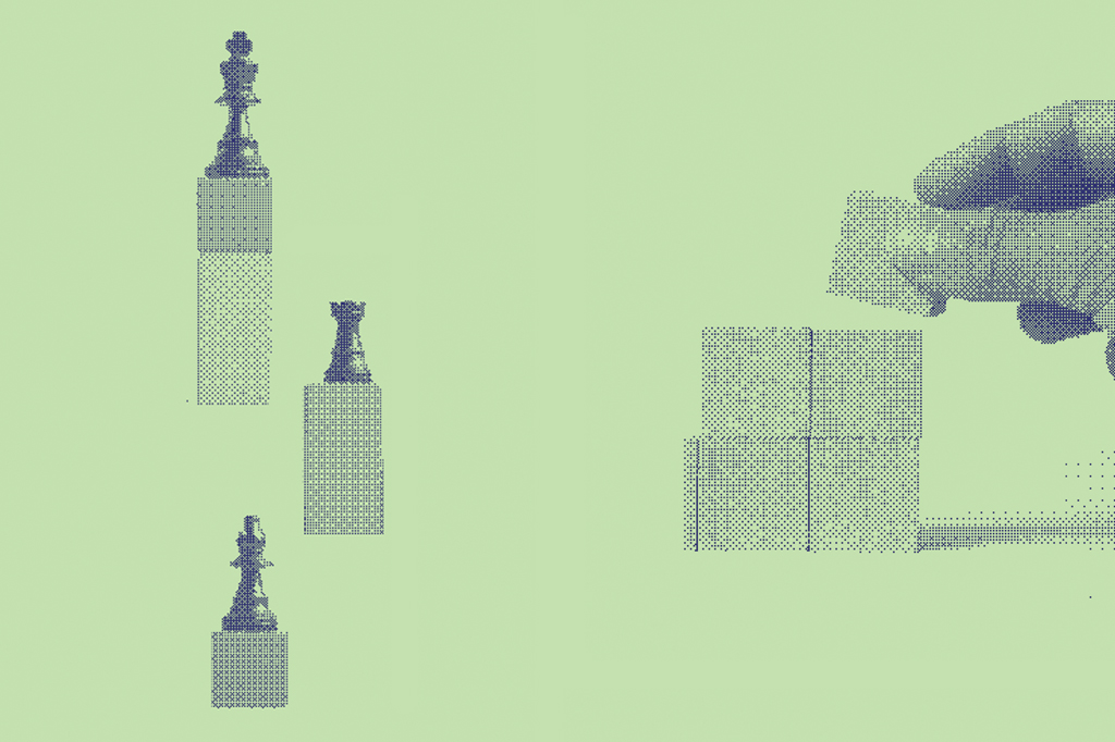 Imagem, em fundo verde &aacute;gua e linguagem de impressora matricial, de uma m&atilde;o empilhando cubos e madeira. Ao lado, v&ecirc;-se tr&ecirc;s pe&ccedil;as de xadrez: o rei, uma torre e um pe&atilde;o.