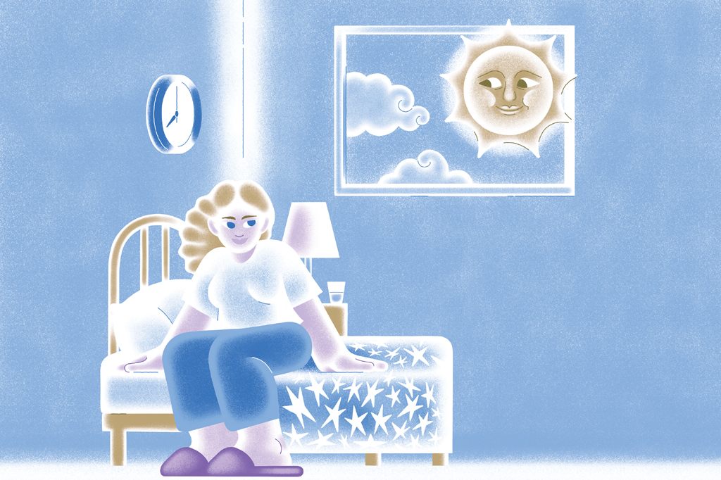 Ilustra&ccedil;&atilde;o surrealista, em fundo azul, de uma garota acordando e se levantando da cama. Ao fundo, v&ecirc;-se, um rel&oacute;gio e uma janela aberta, nuvens e o Sol sorrindo.