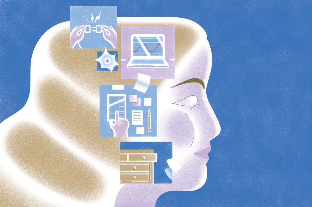 Ilustra&ccedil;&atilde;o surrealista, em fundo azul, de uma garota de perfil. Em primeiro plano, v&ecirc;-se, quadros com imagens de um notebook, um gaveteiro, m&atilde;os conectando um fio na tomada e uma mesa com anota&ccedil;&otilde;es e um l&aacute;pis.