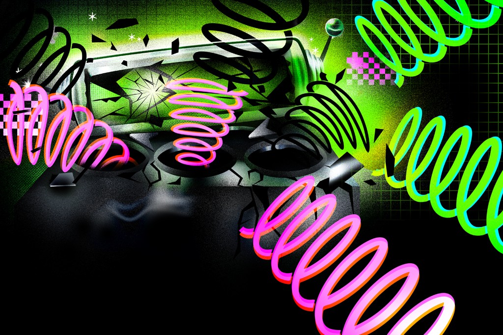 Fundo escuro com elementos gr&aacute;ficos vibrantes em tons de verde neon e rosa. Espirais flutuantes, formas geom&eacute;tricas e uma tela rachada com brilho central, sugerindo tecnologia e energia.