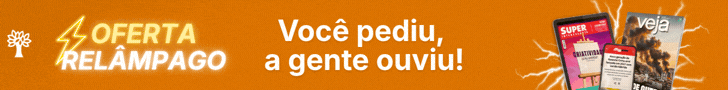 Banner laranja com um ícone de árvore e um raio amarelo, seguido pelo texto OFERTA RELÂMPAGO Você pediu, a gente ouviu!. À direita, capas de revistas Superinteressante e Veja, e um celular com tela exibindo texto